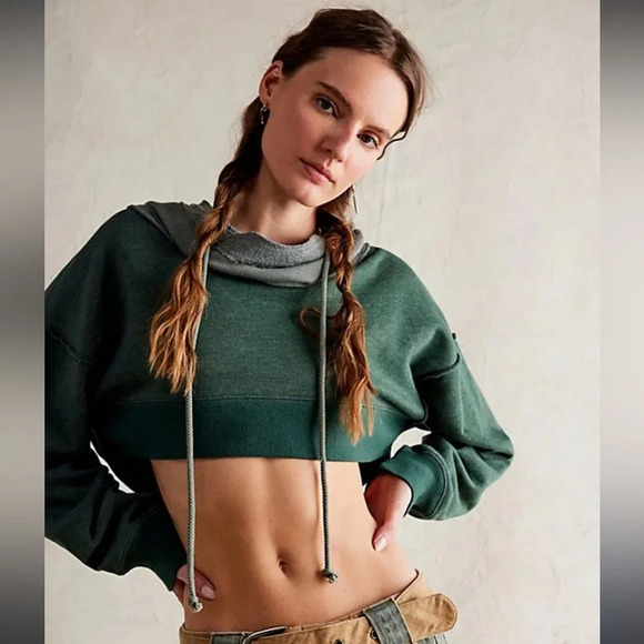 FREE PEOPLE Charmed Cropped Sweatshirt Multicolor Green Size XS - Picture 2 of 9